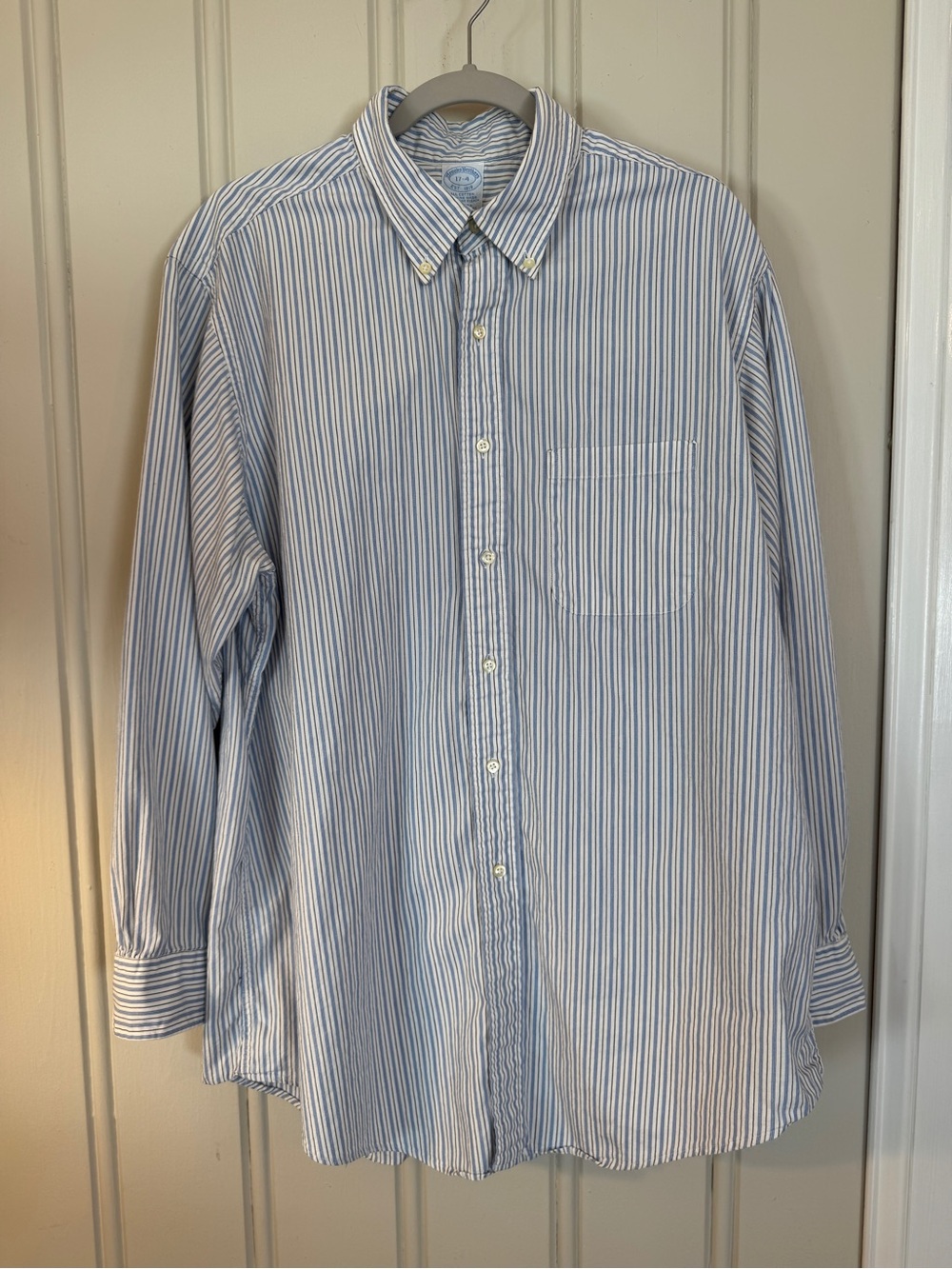 Vintage Brooks Brothers Makers Shirt 17-4 XL Blue Stripe OCBD Made USA 90s